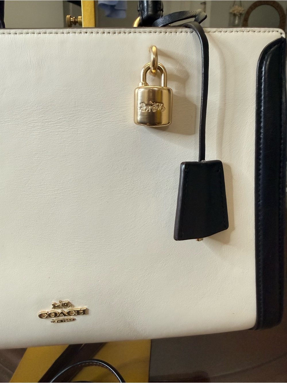 COACH Two-Tone Leather Satchel in White and Black with Gold Hardware - Picture 8 of 8